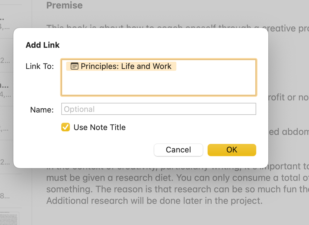 Identifying an existing note using the "Add Link" feature in Apple Notes.