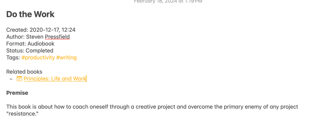 New note with a link to a relevant older note.