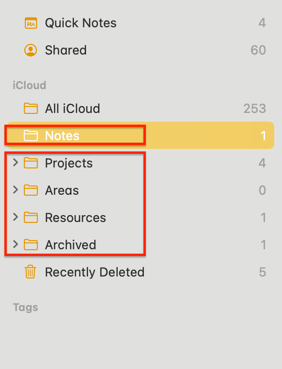Apple Notes folders - PARA