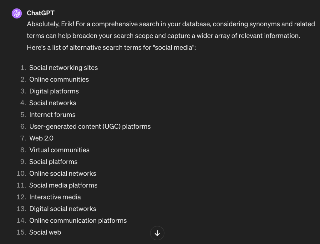 Image of a ChatGPT response asking it to develop a list of database search terms.