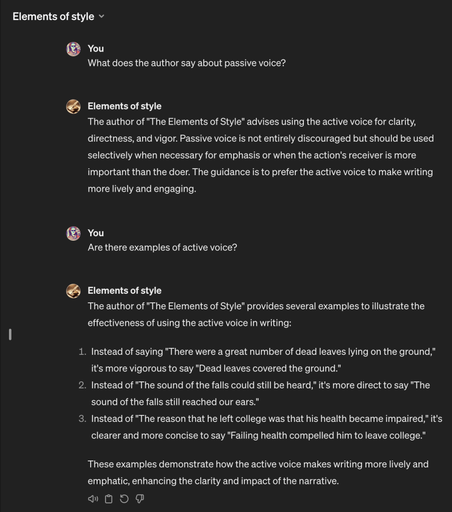 Screenshot of my querying my custom GPT archive of The Elements of Style by William Strunk.