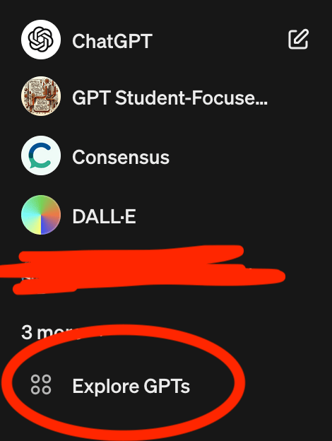 Screenshot of the "Explore GPTs" menu option in ChatGPT Plus