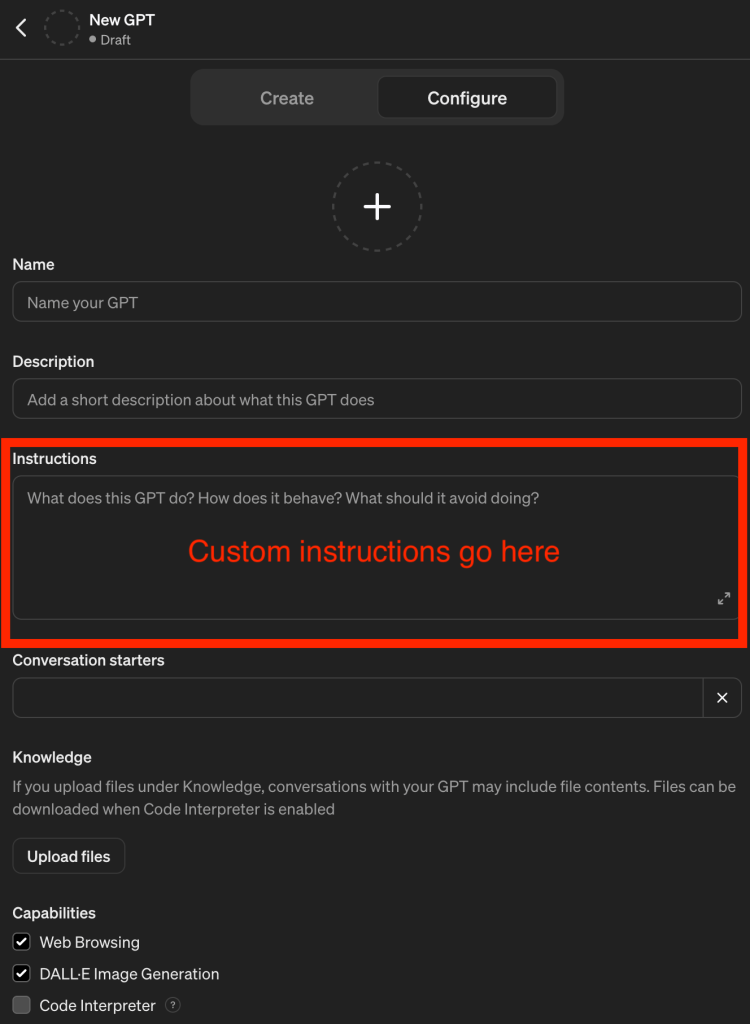 Screenshot of the custom instructions menu in ChatGPT Plus for creation a GPT.