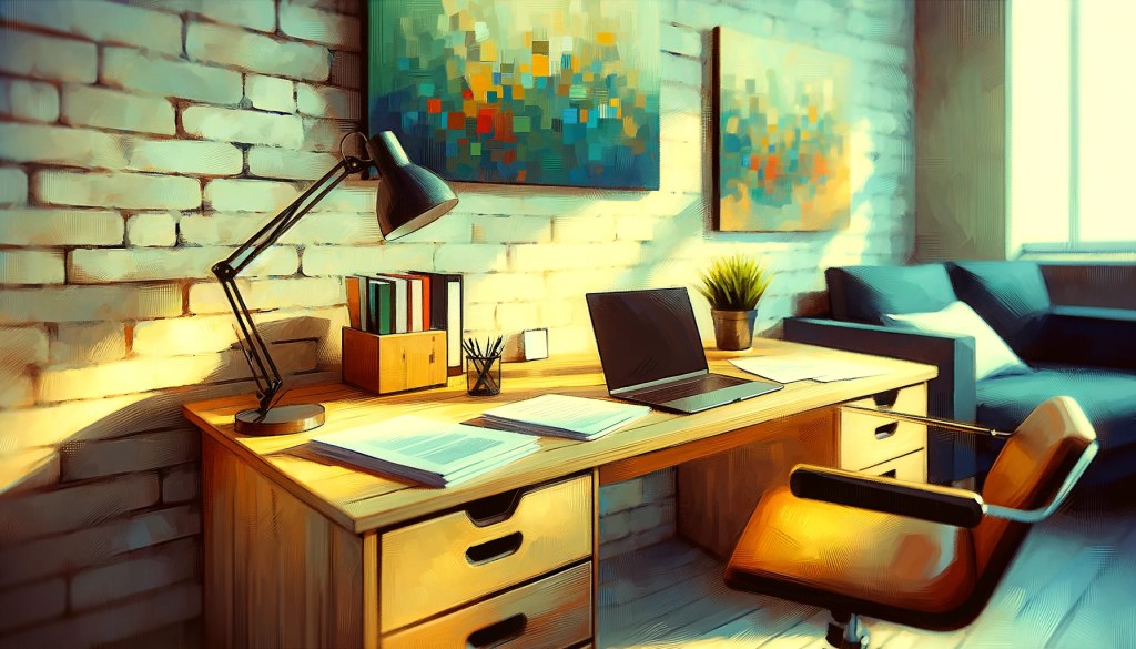 An impressionistic painting of a desk against a wall in a cozy and professional-looking office, with a couple of papers and an open laptop, portraying a comfortable and organized work environment.
