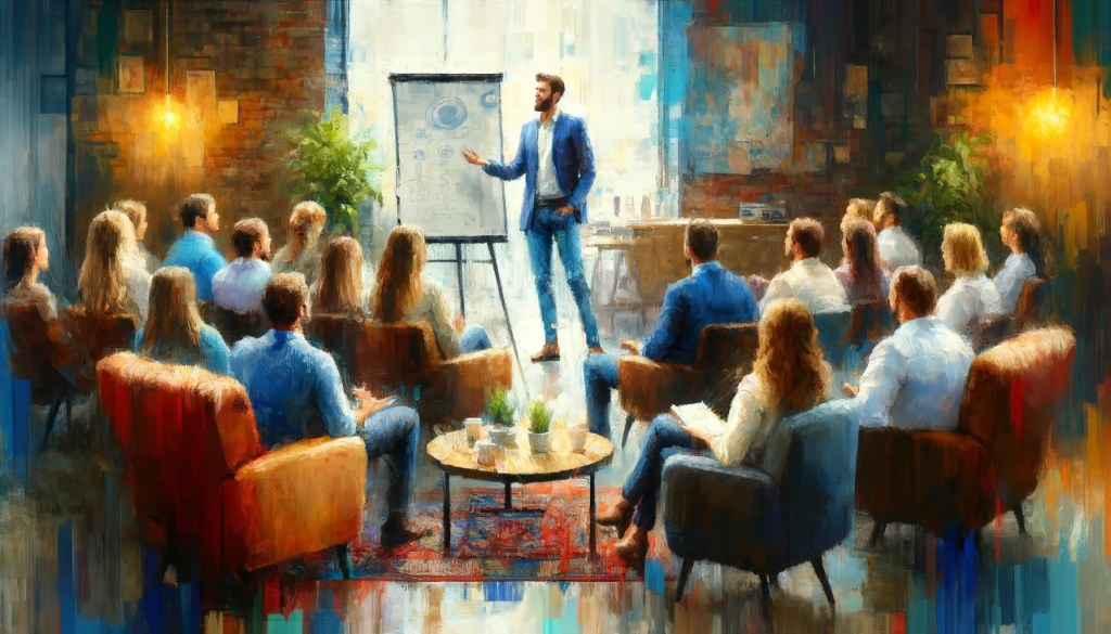 An impressionistic painting of a male presenter using a whiteboard in front of a small, seated audience in a cozy, informal setting with chairs and sofas