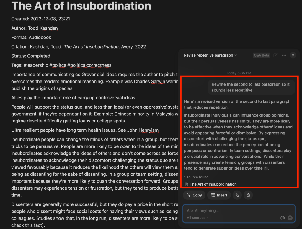 Screenshot of the user asking Notion AI - using the chat menu - to rewrite the second to last paragraph. Following the AI response, there is an "insert" button that allows the user to insert the edits into the page.