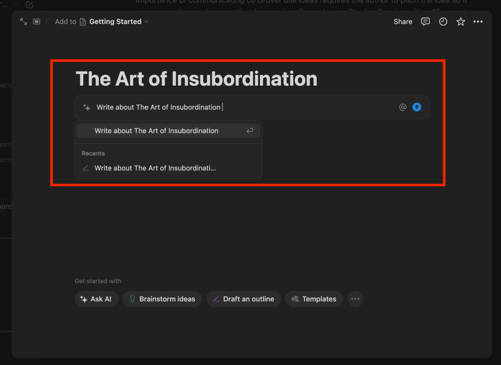 Screenshot of the AI menu when starting a new note in Notion. integrated chat allows the user to type prompts and have AI get the note started.