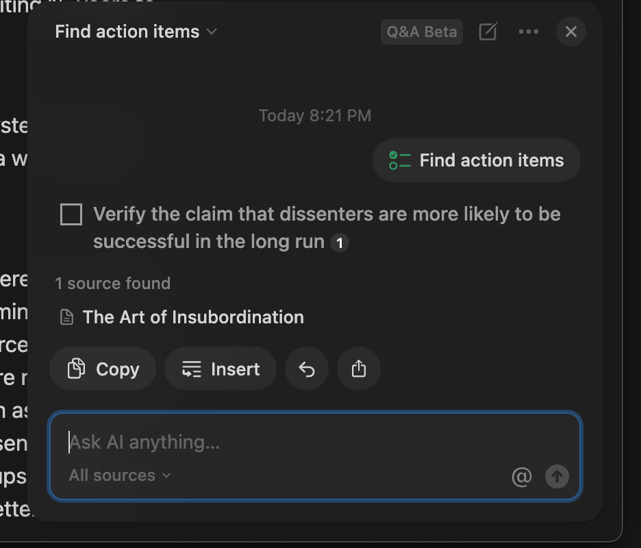 Screenshot of Notion AI creating action items based on the note about "The Art of Insubordination."