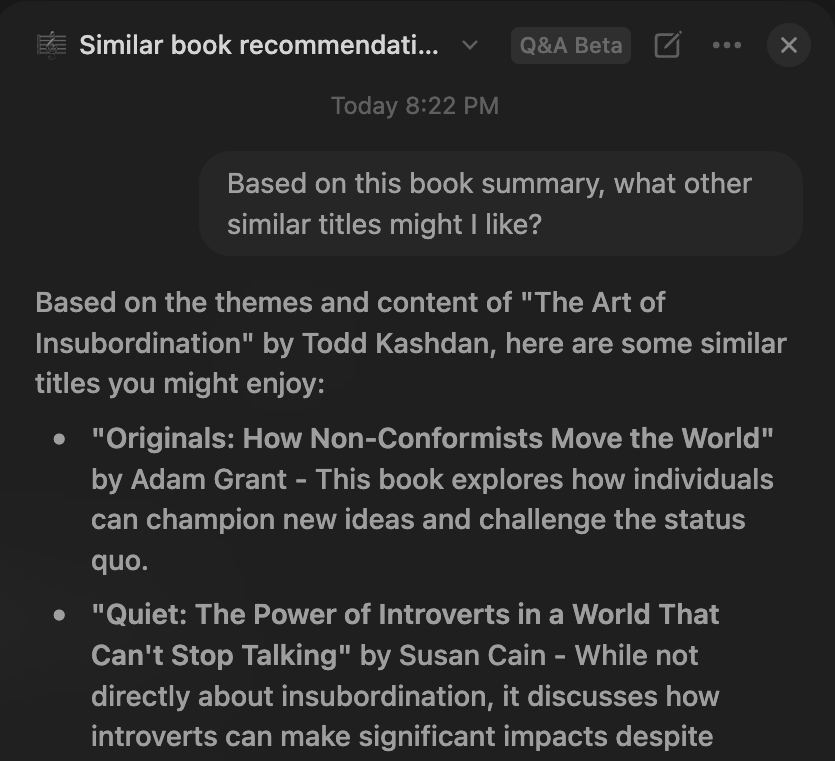 Screenshot of the user prompting Notion AI to recommend similar books to "The Art of Insubordination."