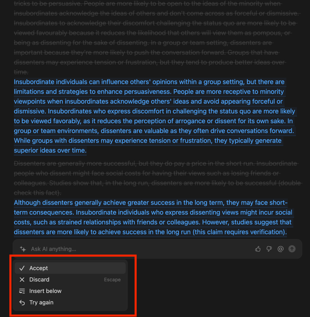 Screenshot of Notion AI's in-text suggested edits. It shows the AI's rewritten text below the (now crossed-out) original text. Under the prompt menu, the user select the following options: accept, discard, insert below, or try again.
