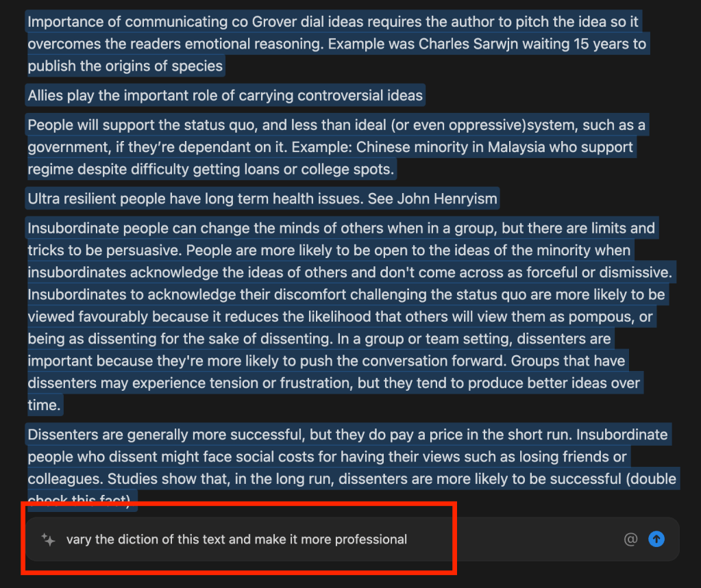 Screenshot of Notion AI after selecting the AI icon in the text formatting bar. The selection reveals a prompt window to the user. In this example I wrote"vary the diction of this text and make it more professional."