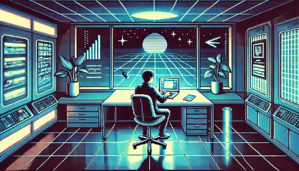 AI generated image. Pixel art of a person focused on typing on a glowing laptop at a sleek, neon-lit desk. The background shows a peaceful cyberpunk cityscape through a window, with glowing panels and minimalist decor in an 80s futurism aesthetic.