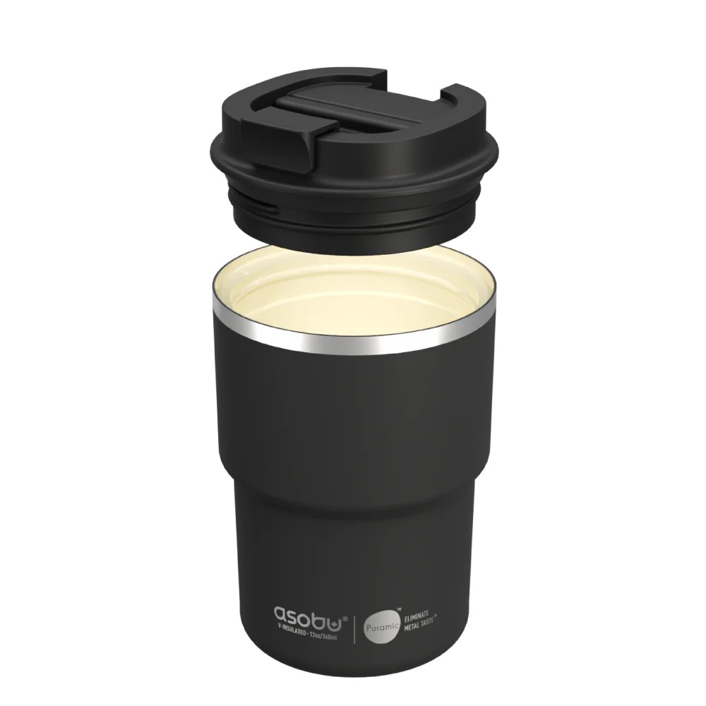 Image of an Asubo coffee tumbler in black with a black lid.