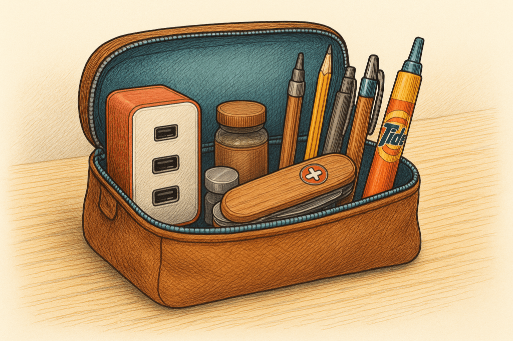 A hand-drawn style illustration generated using ChatGPT-4o, depicting an open brown pouch on a wooden desk. Inside are a USB charger, amber bottle, pens, a Swiss Army knife, and a Tide pen, all rendered in detailed color with a soft vignette around the edges.