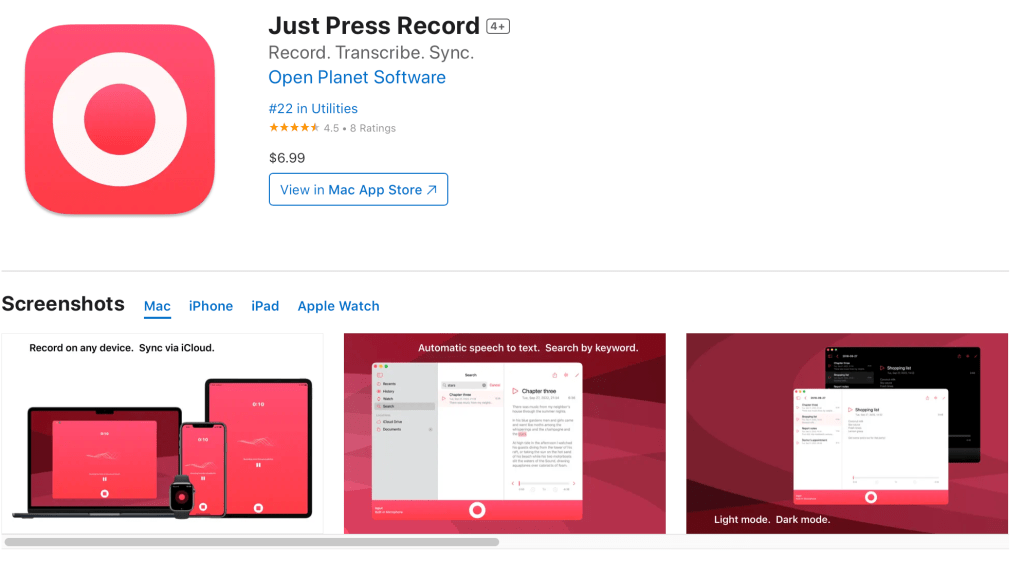 Screenshot of the Just Press Record app on the Mac and iOS App Store.