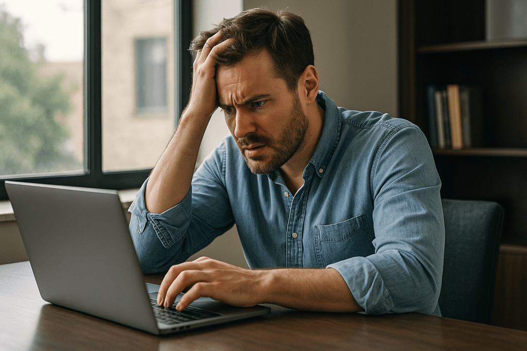 AI generated image of a frustrated man on his laptop, sitting at a desk, with a hand on his forehead.