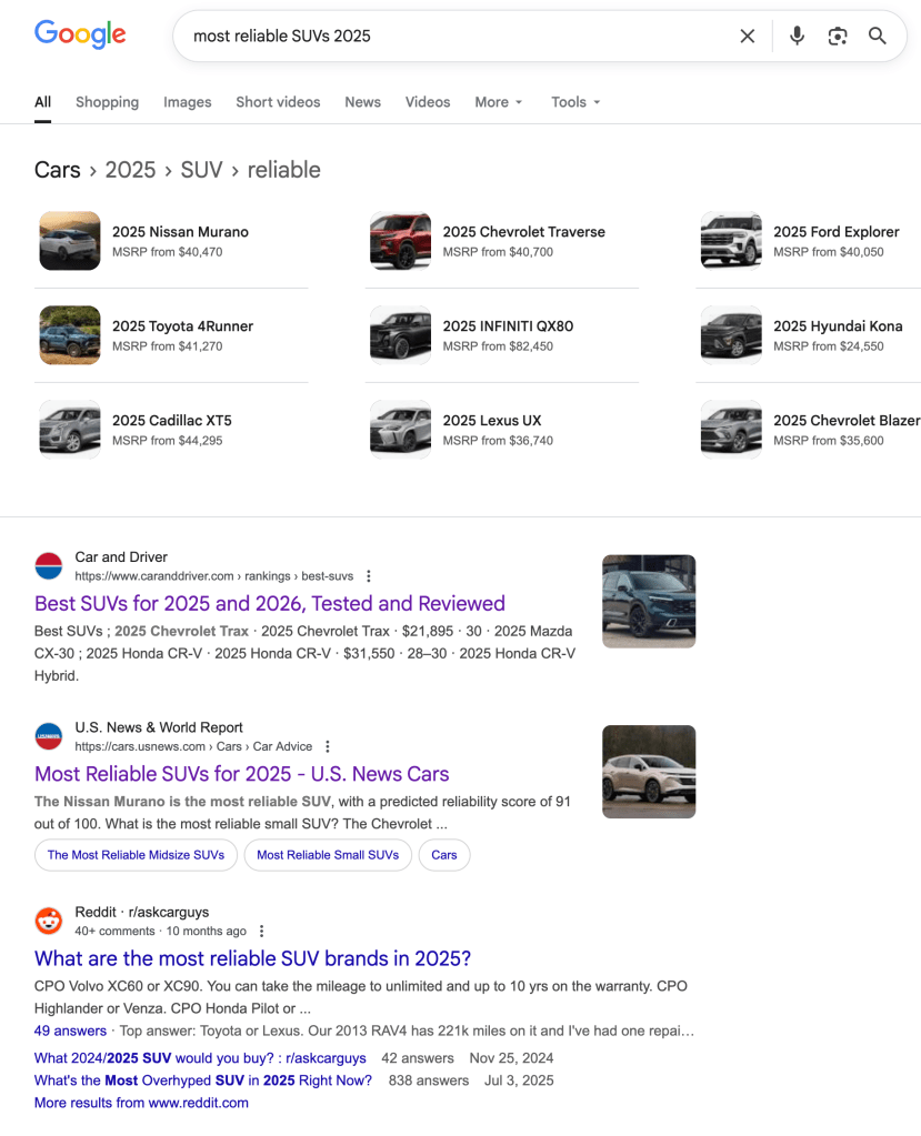 Screenshot of a Google search results list for the most reliable SUVs of 2025