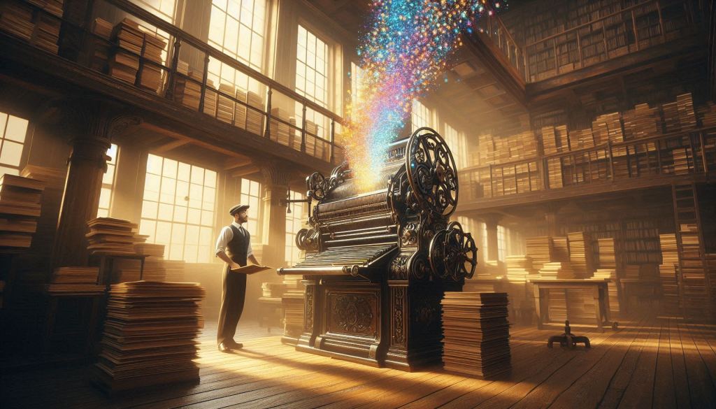 Microsoft Designer AI generated image of a vintage printing press shooting out digital pixels to make ebooks.
