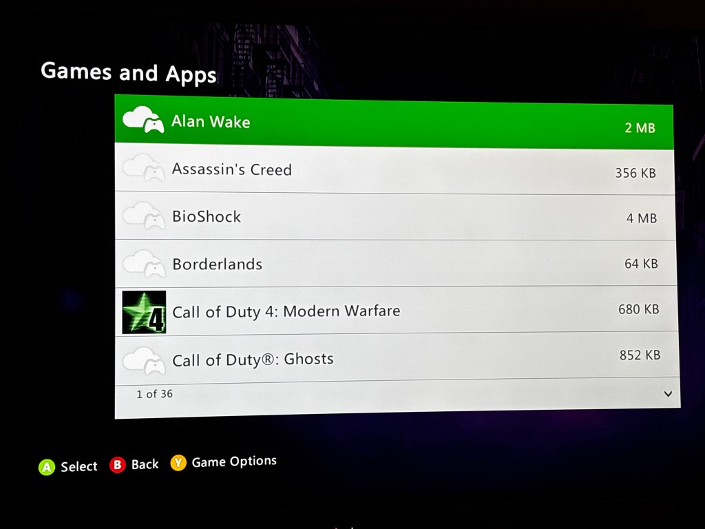 Image of cloud saves in Xbox 360 interface, with individuals game saves presented in a vertical list.